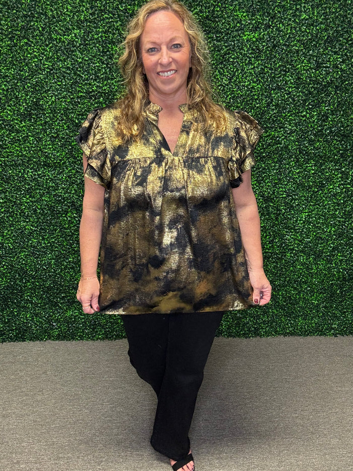 Black and Gold Flutter Sleeve Blouse-Oddi
