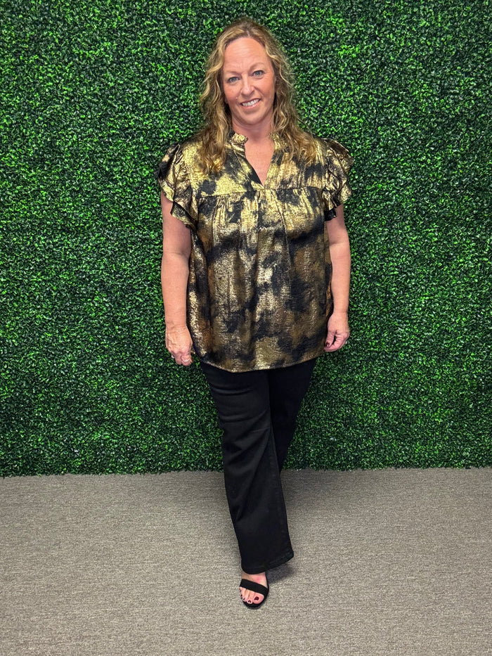Black and Gold Flutter Sleeve Blouse-Oddi