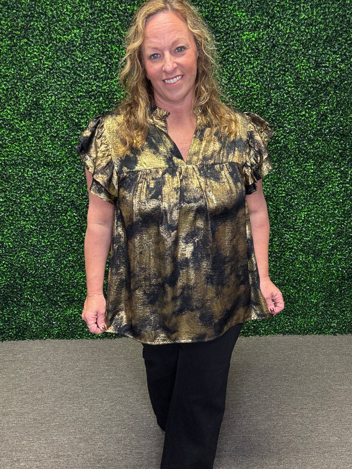 Black and Gold Flutter Sleeve Blouse-Oddi