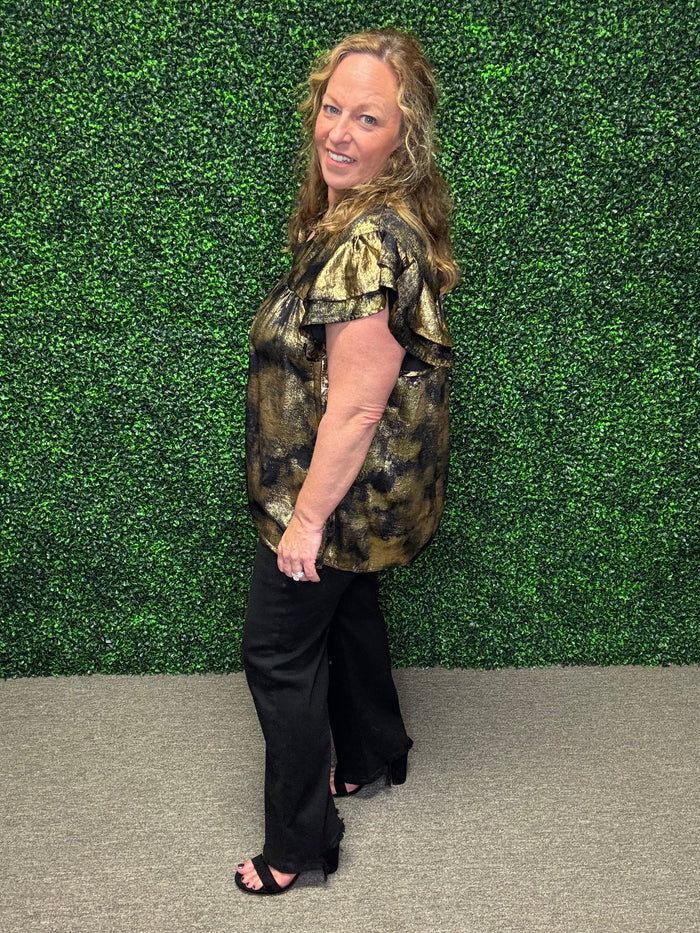 Black and Gold Flutter Sleeve Blouse-Oddi