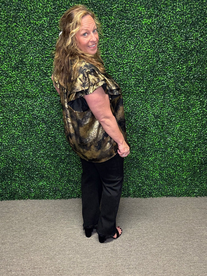 Black and Gold Flutter Sleeve Blouse-Oddi