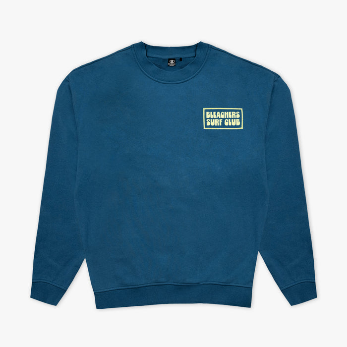Blue youth crewneck with "Bleachers Surf Club" design — front view
