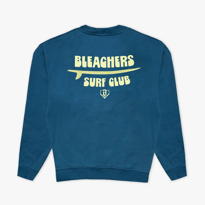 Blue youth crewneck with "Bleachers Surf Club" design — back view