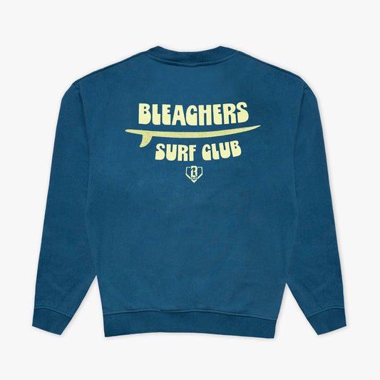 Blue youth crewneck with "Bleachers Surf Club" design — back view