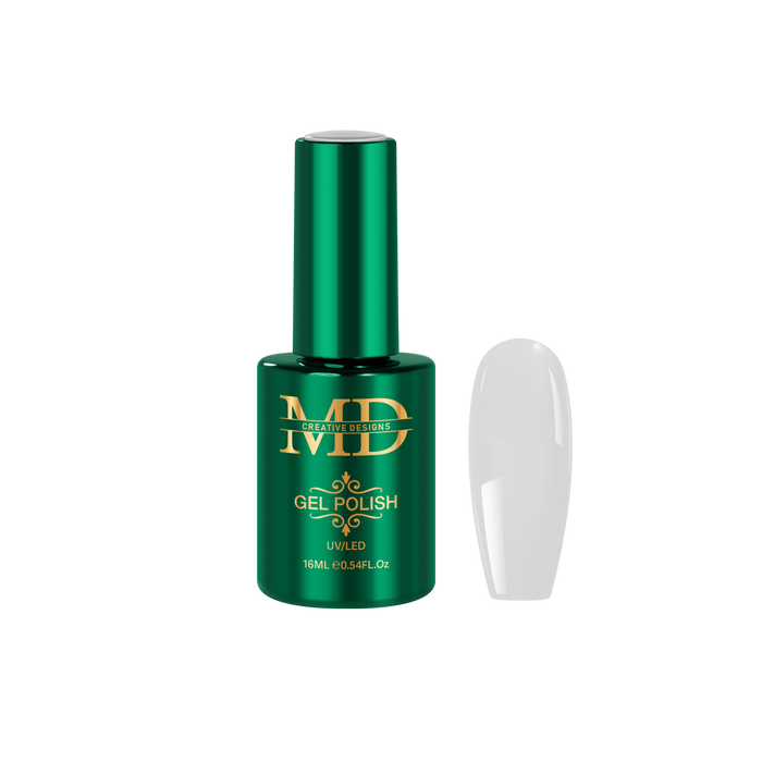 Green gel polish bottle with a nail tip color swatch on a white background