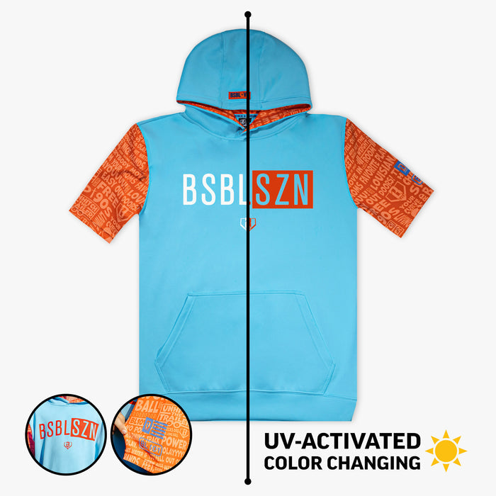 Youth model wearing blue and orange BSBL-SZN Short Sleeve youth hoodie