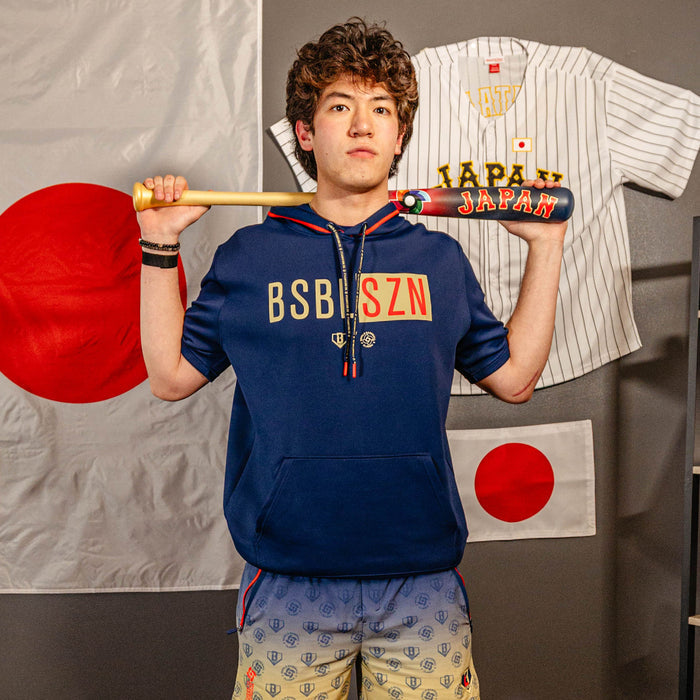 Adult model wearing navy BSBL-SZN Japan short sleeve hoodie