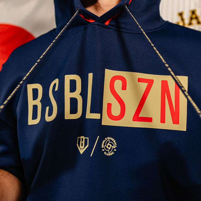 Adult model wearing navy BSBL-SZN Japan short sleeve hoodie