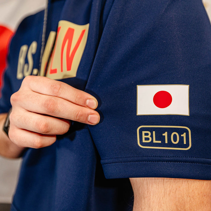 Adult model wearing navy BSBL-SZN Japan short sleeve hoodie
