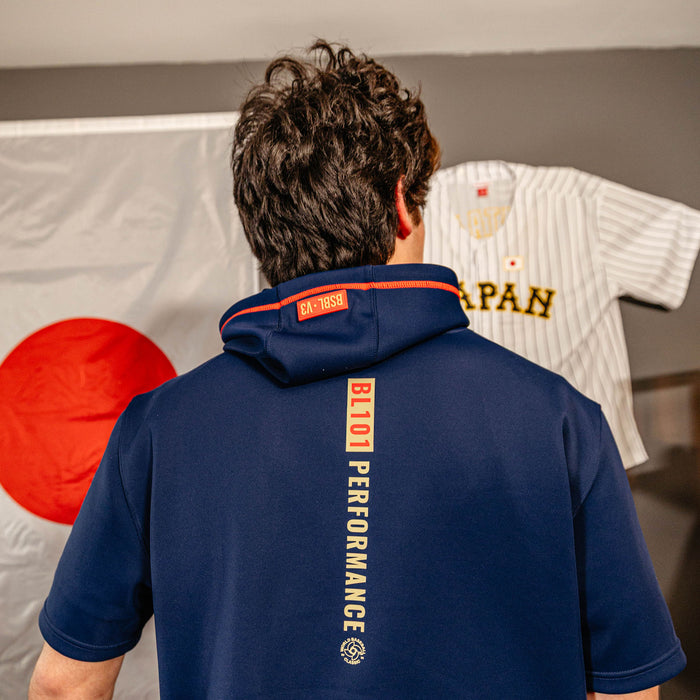 Adult model wearing navy BSBL-SZN Japan short sleeve hoodie