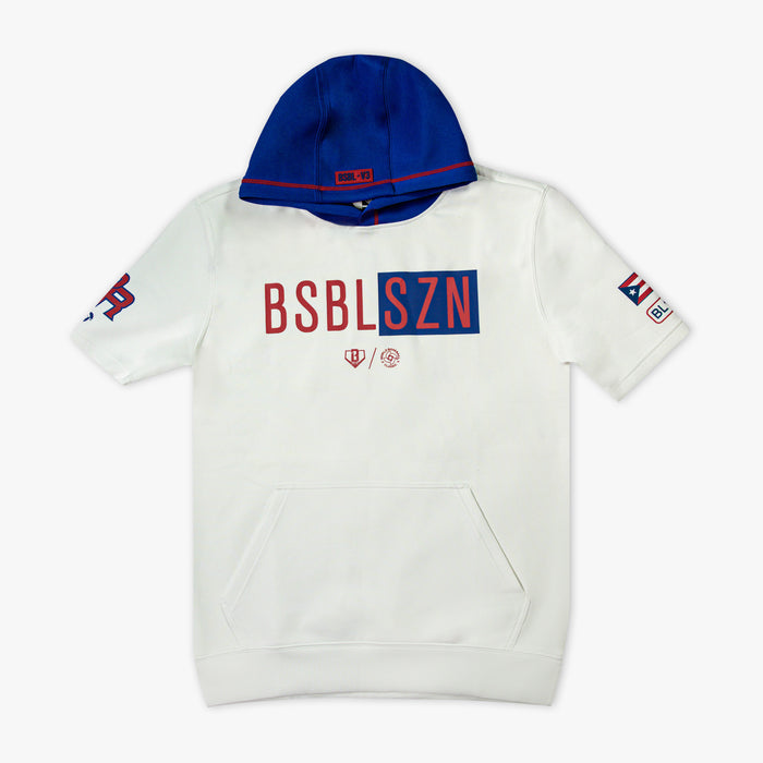 White BSBL-SZN Puerto Rico youth short sleeve hoodie — front view