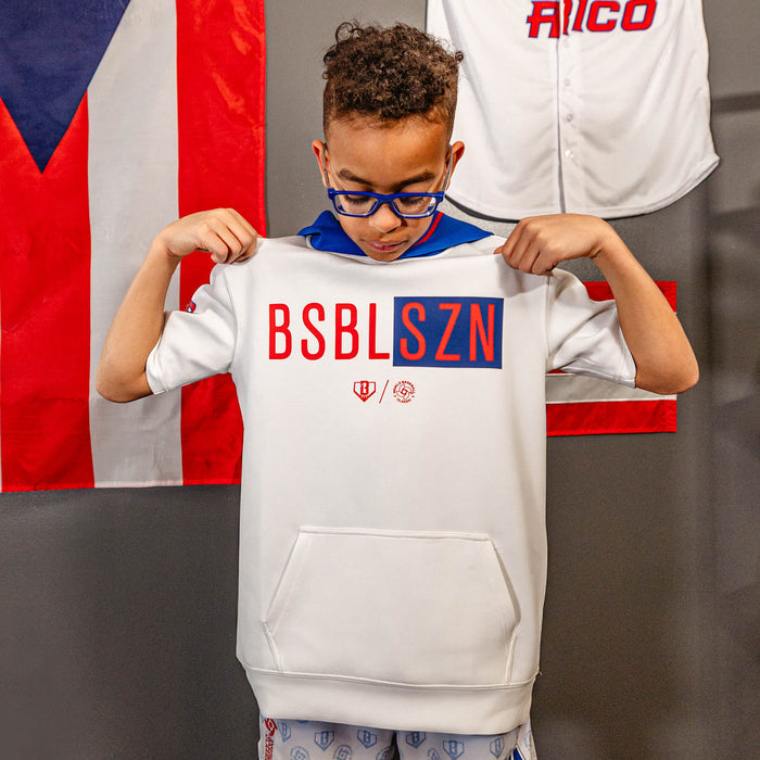 Youth model wearing white BSBL-SZN Puerto Rico youth short sleeve hoodie