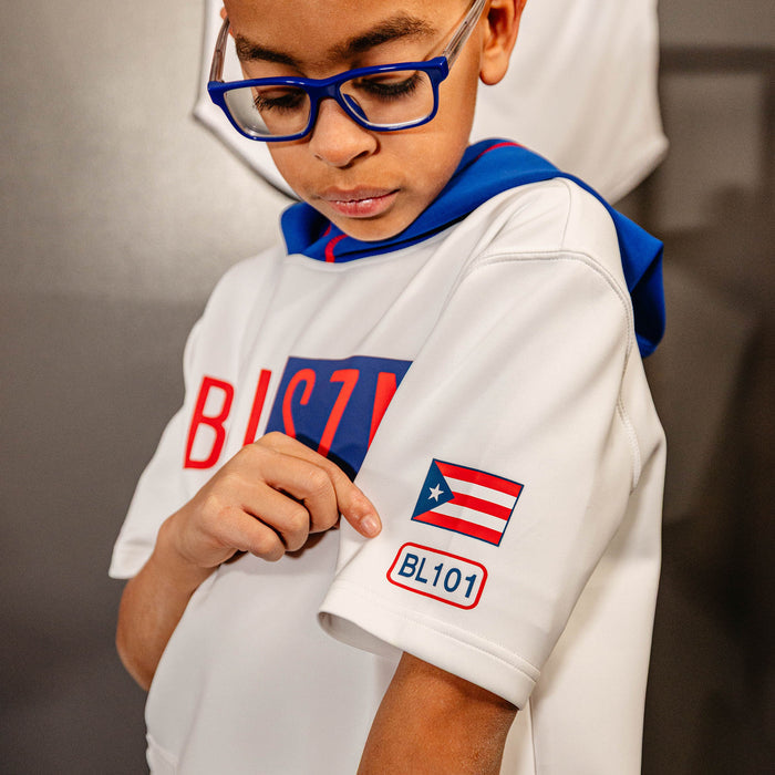 Youth model wearing white BSBL-SZN Puerto Rico youth short sleeve hoodie