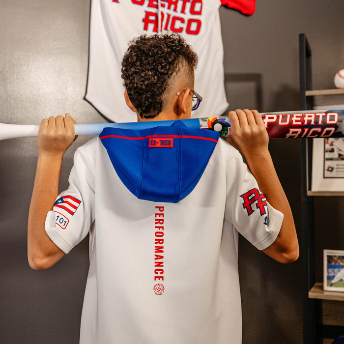 Youth model wearing white BSBL-SZN Puerto Rico youth short sleeve hoodie