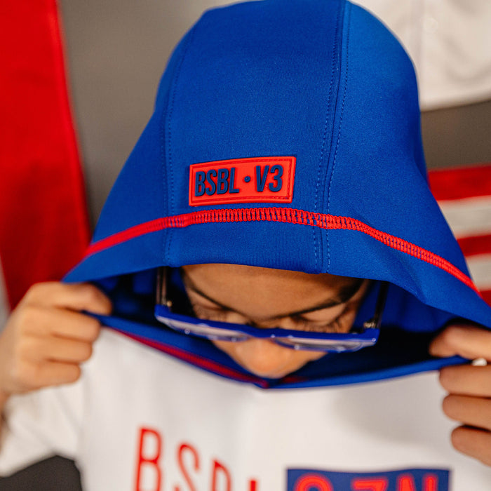 Youth model wearing white BSBL-SZN Puerto Rico youth short sleeve hoodie