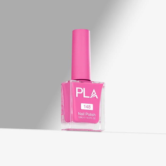 Pink nail polish bottle with 'PLA' branding on a gray background