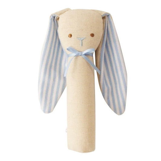 Beige linen bunny rattle with blue striped long ears and small bow