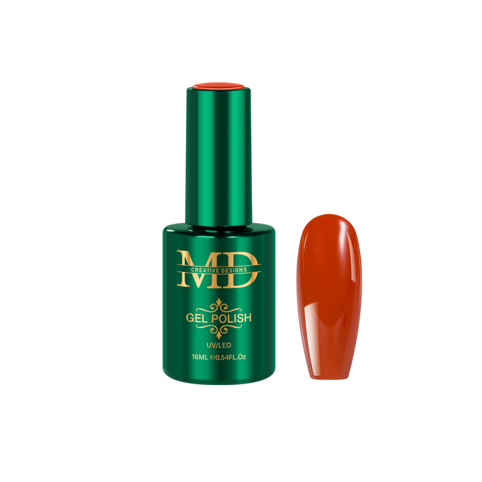 Green gel polish bottle with a red orange nail tip color swatch on a white background