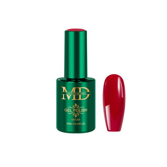 Green gel polish bottle with red nail tip next to it on a white background