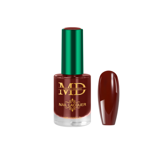 Brown nail polish bottle with green cap on a white background