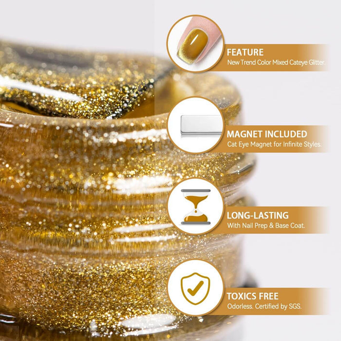 Shiny Magic Cat Eye Gel Polish Texture Gold Glitter Detail
