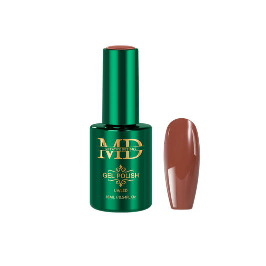 Green gel polish bottle with a brown nail tip color swatch on a white background