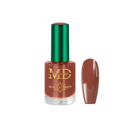 Nail polish bottle with a green cap and brown nail color on a white background