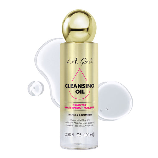 L.A. Girl Cleansing Oil bottle surrounded by clear cleansing oil droplets