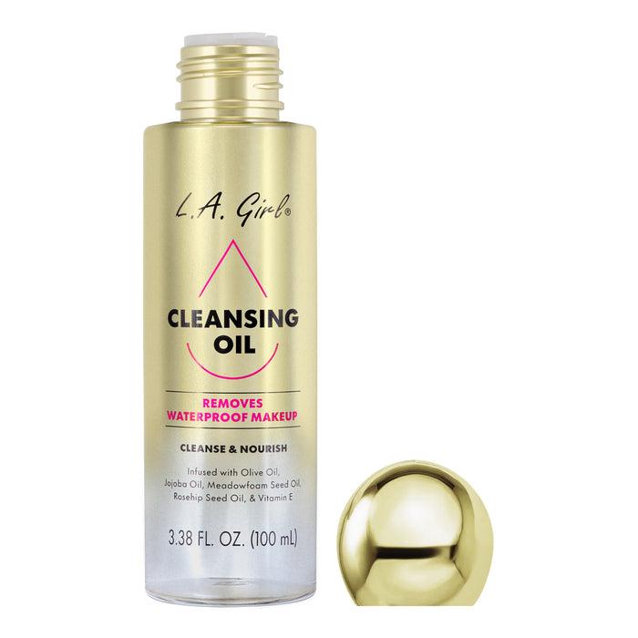 L.A. Girl Cleansing Oil 3.38 fl oz bottle with gold cap off, removes waterproof makeup