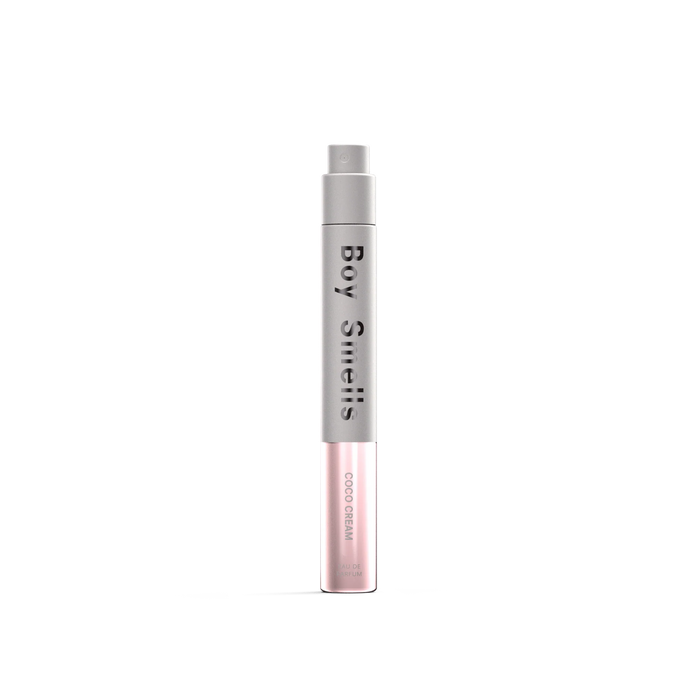 Slim roller fragrance bottle with pink frosted body and silver cap