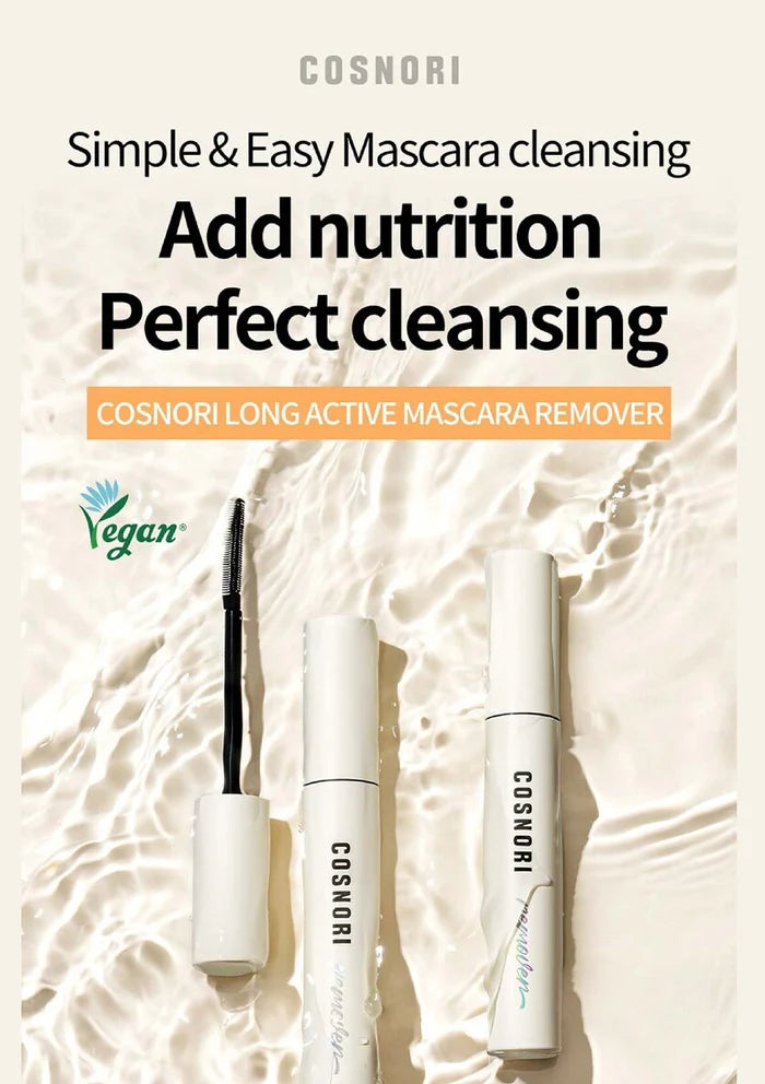 Cosnori mascara remover with text on a textured beige background
