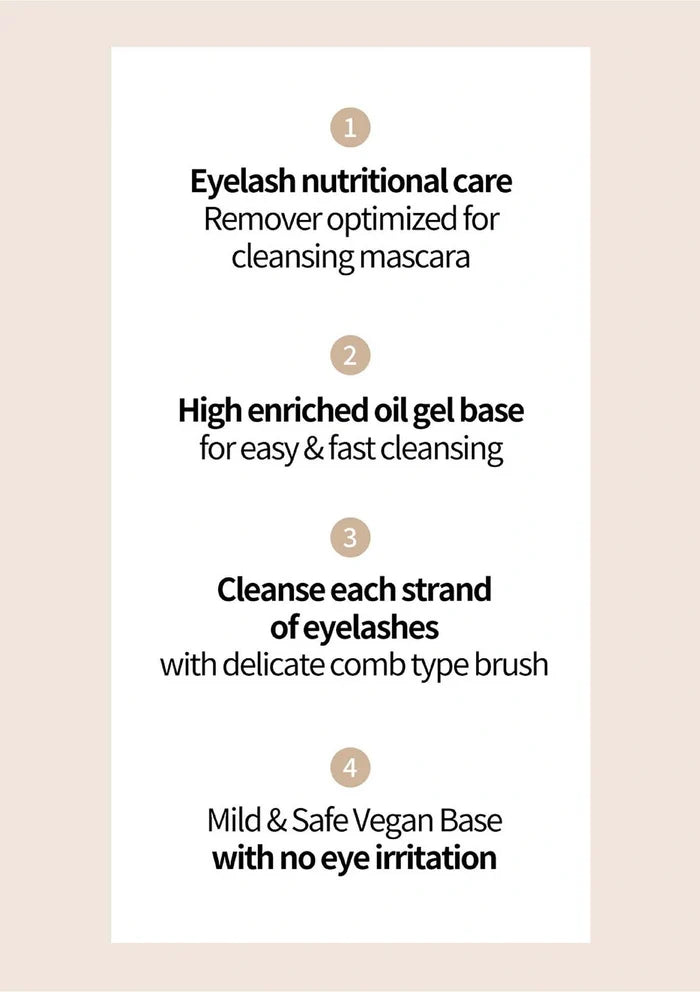 Text detailing eyelash nutritional care product features on a beige background