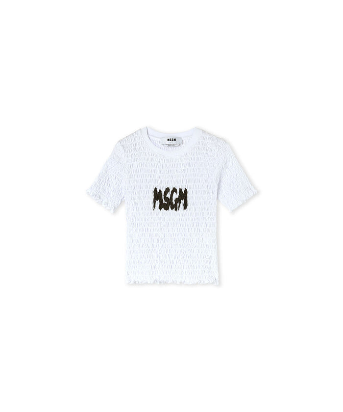 Cotton crop-top t-shirt with smock stitch Opical White