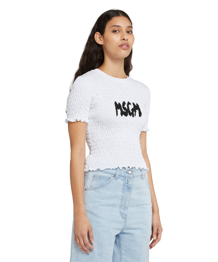 Cotton crop-top t-shirt with smock stitch Opical White