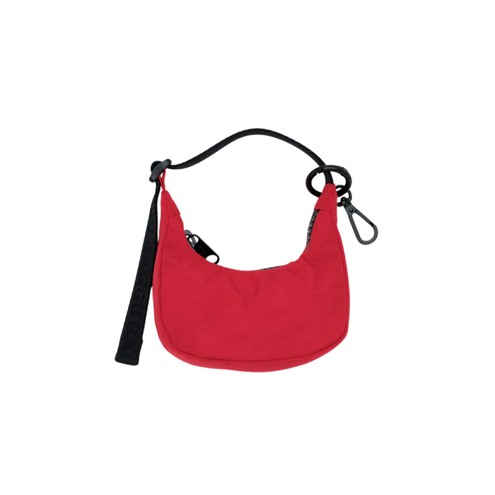 Red crescent bag charm with black strap and keyring