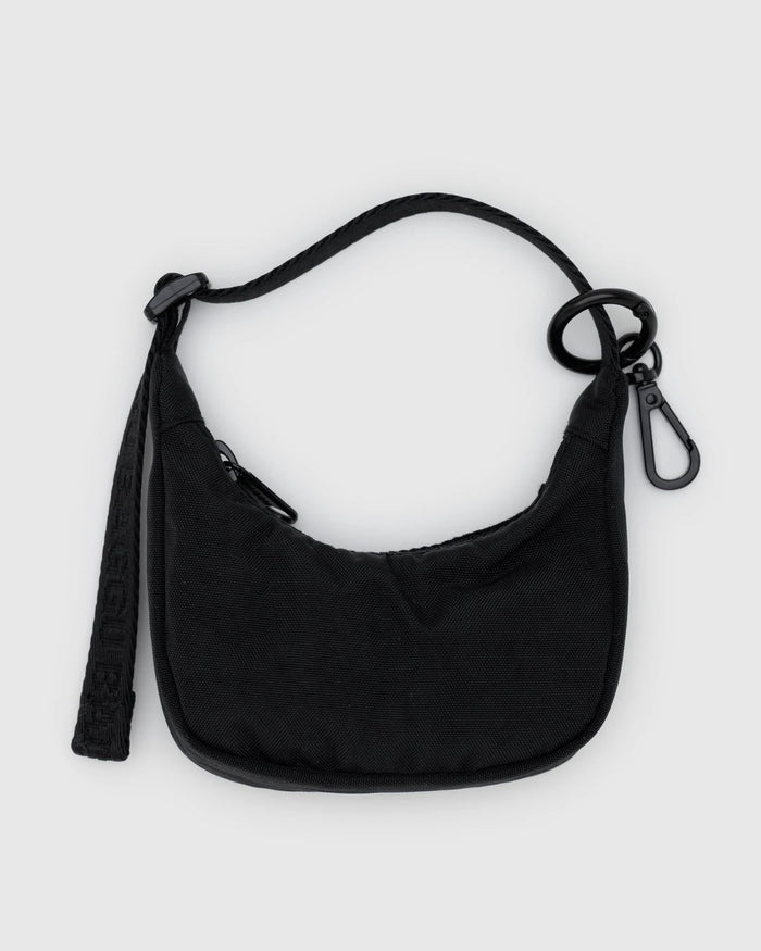 Black crescent bag charm pouch with black loop and clip