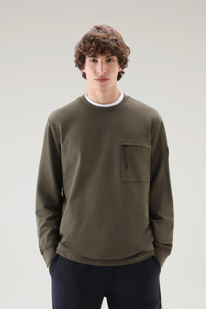 Crewneck In Pure Cotton Fleece With Zip Pocket Dark Green