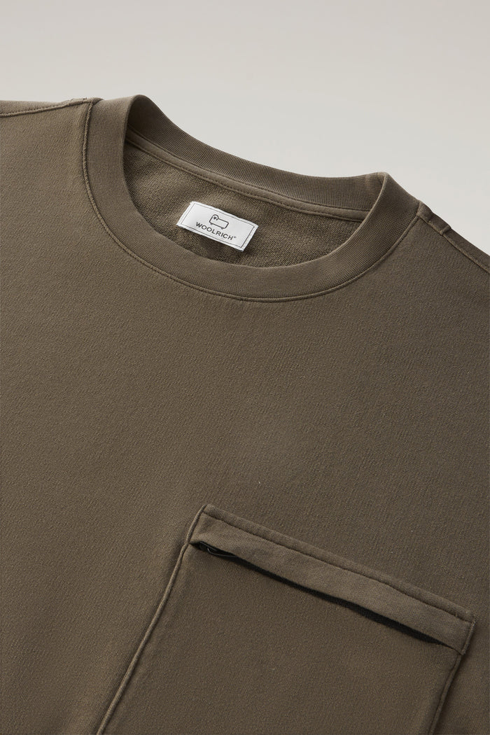 Crewneck In Pure Cotton Fleece With Zip Pocket Dark Green