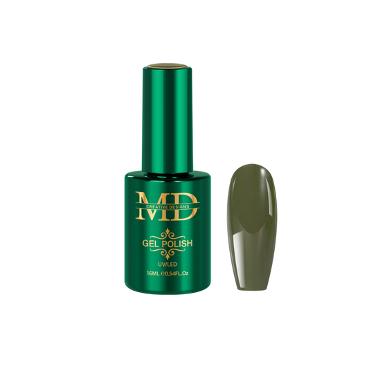 Green gel polish bottle with a color swatch on a white background