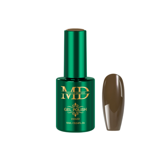 Green gel polish bottle with a brown nail tip color swatch on a white background