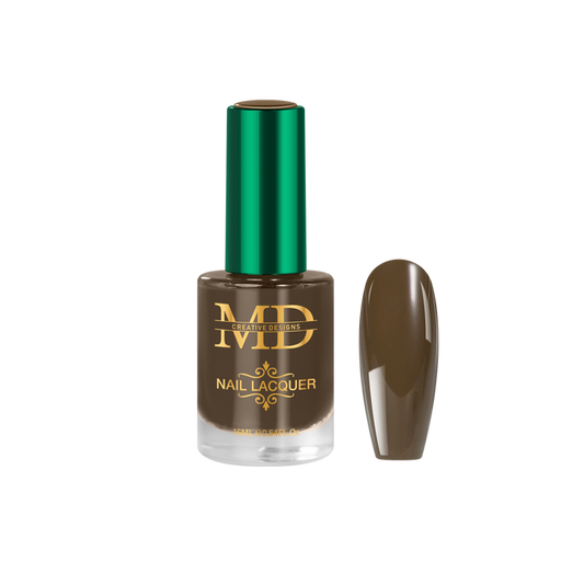 Brown nail polish bottle with green cap on a white background