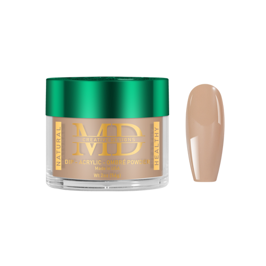 Jar of MD acrylic powder with a beige nail tip color swatch on a white background