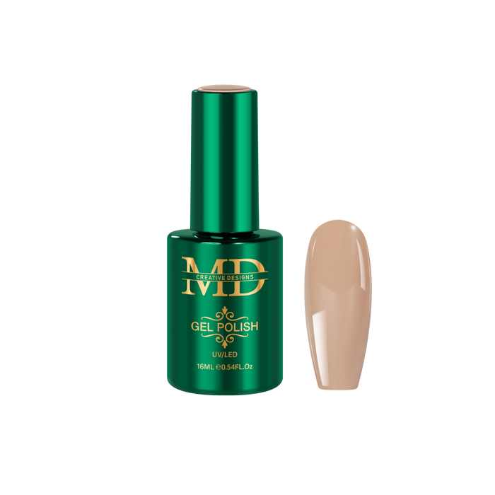 Green gel polish bottle with beige nail tip color swatch on a white background