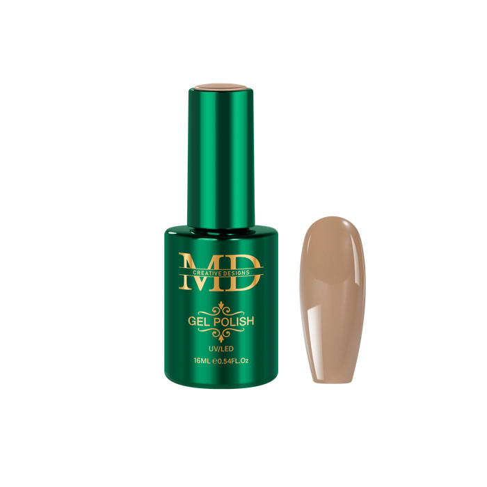 Green gel polish bottle with brown nail tip color swatch on a white background