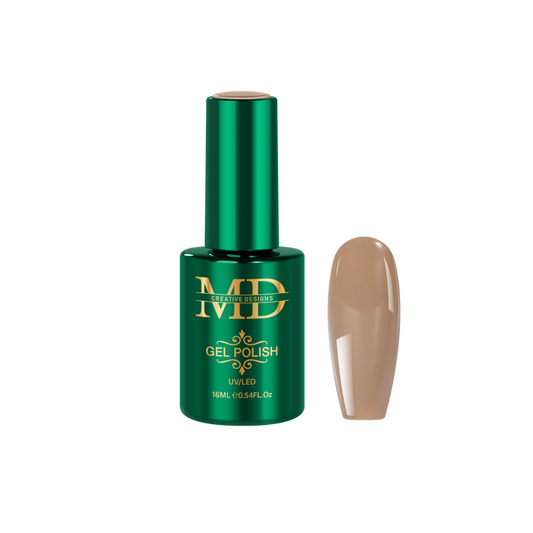 Green gel polish bottle with brown nail tip color swatch on a white background