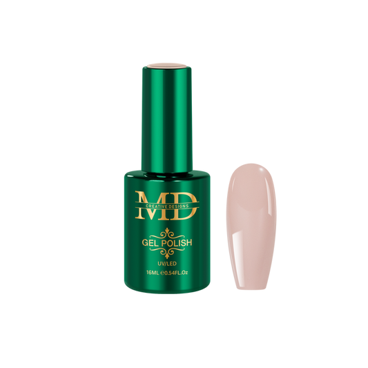 Green gel polish bottle with a beige nail tip color swatch on a white background