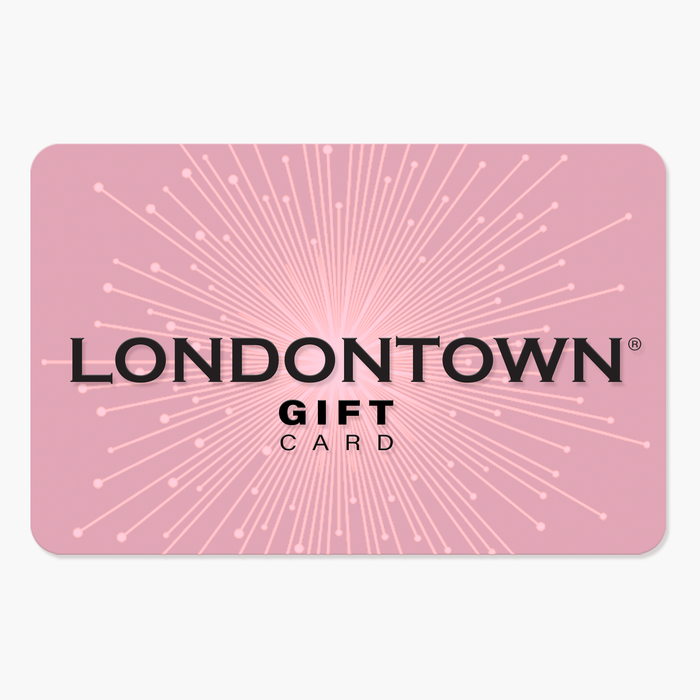 A LONDONTOWN E-Gift Card with a pink background featuring a starburst pattern in lighter pink, offering the perfect gift of choice for any occasion.