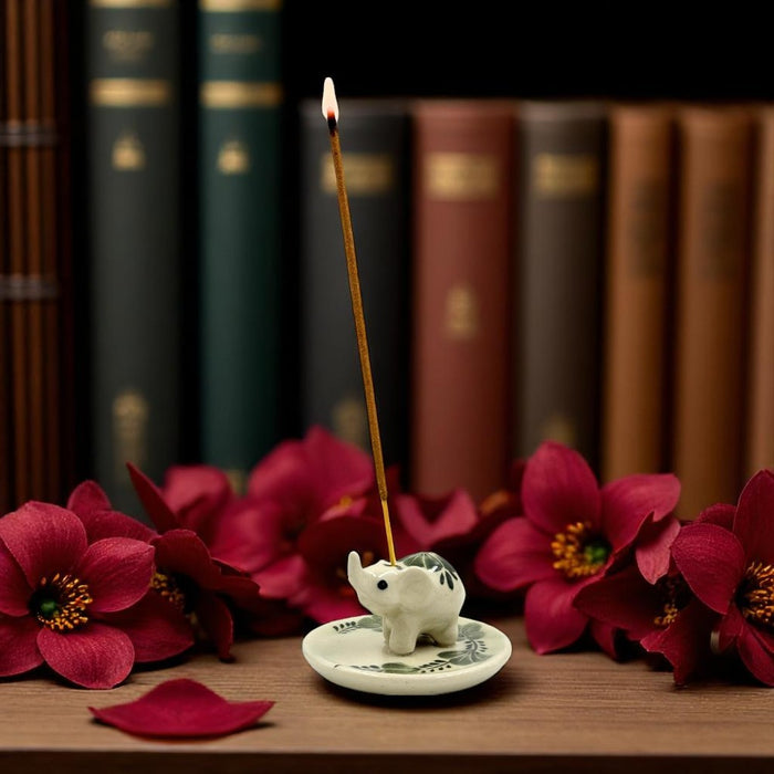 Elephant Floral on Round Ceramic Incense Holder - Green