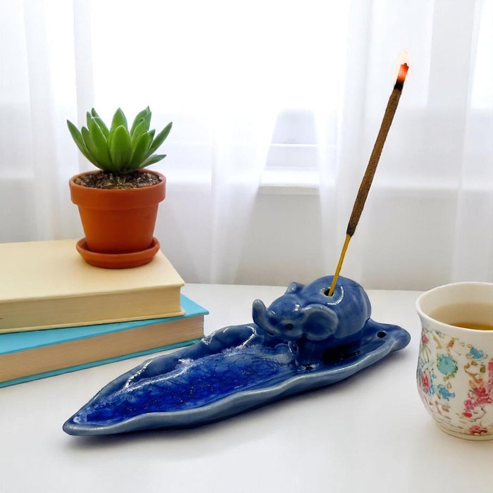 Elephant Long Leaf Ceramic Incense Holder – Dark Blue