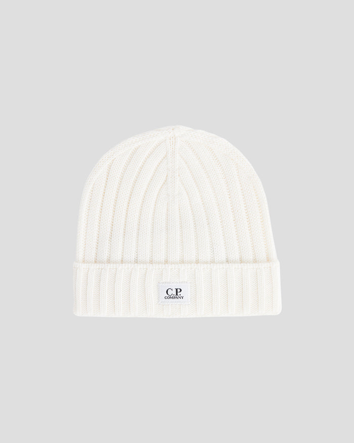 Extra Fine Merino Wool Logo Beanie Gauze White